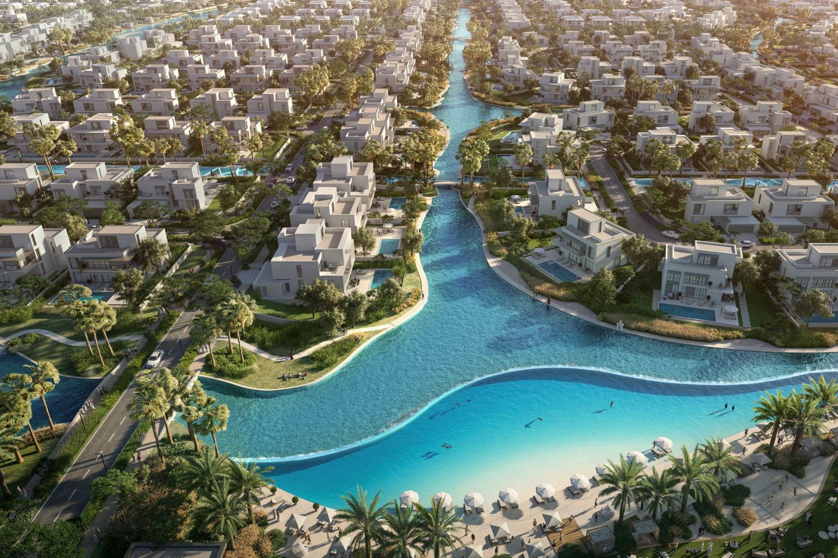 The Oasis by Emaar aerial crystal lagoon and villa community